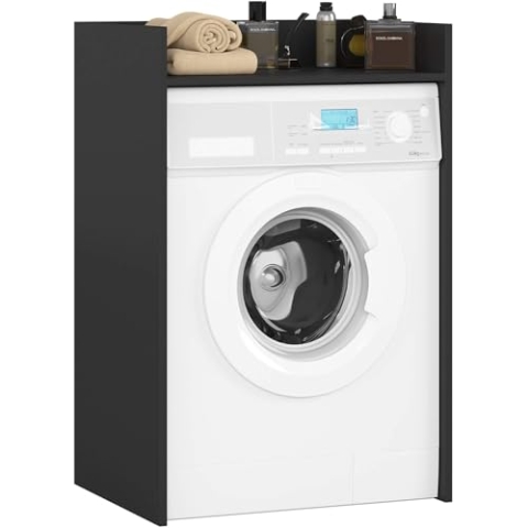 AKORD Waschmaschinenschrank 64cm geeignet für Waschmaschine & Wäschetrockner, Waschmaschinenschrank 64cm Überbauschrank, Badezimmermöbel Größe 64x98x50 cm, Schwarz & Schwarz