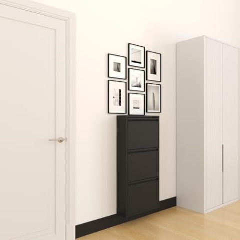 furni24 Schuhschrank Schmal – Platzsparender Metall-Schuhschrank mit Magnetklappen, Platz für 6-10 Paar Schuhe, Robuster Hoher Schuhschrank, Wandmontierbar und Vormontiert - 3 Klappen, Schwarz