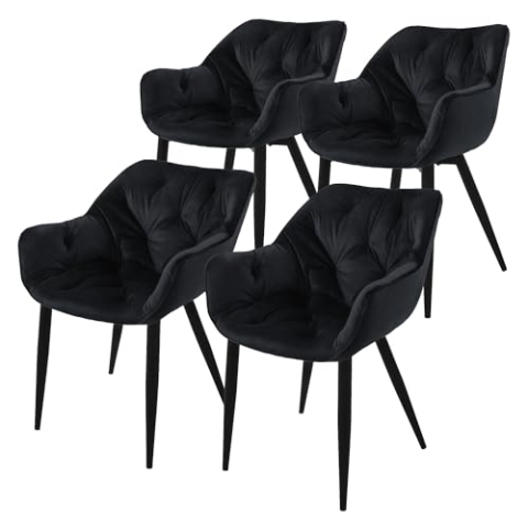 ML-Design Esszimmerstühle 4er Set Schwarz, Küchenstuhl mit dickem Samtstoff gepolsterter Sitz, Metallbeinen, Wohnzimmerstuhl mit Rücken- und Armlehnen, Gesteppter Polsterstuhl, Ergonomischer Sessel