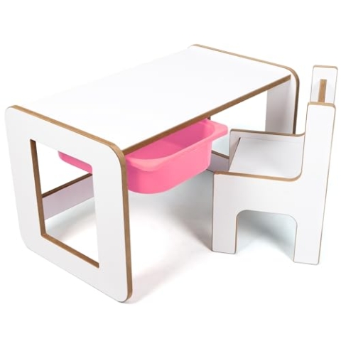 Industrial Living Kindertisch mit rosa Schublade - Aktivitätstisch mit Hochstuhl - Spieltisch - Zeichentisch - Kinderschreibtisch - Holz - Weiß