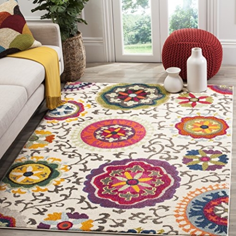 SAFAVIEH Boho Teppich für Wohnzimmer, Esszimmer, Schlafzimmer - Monaco Collection, Kurzer Flor, Elfenbein und Multi, 155 X 231 cm
