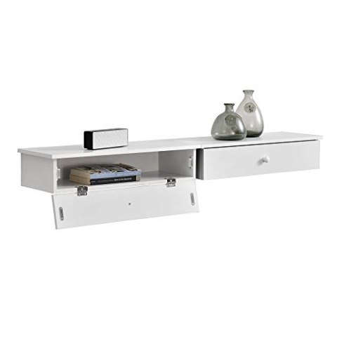[en.casa] Wandregal mit Tür im 2er Set weiß Wand Regal Kommode Nachtkommode Nachtschrank 2X Nachttisch mit Staufach Schwebenachttisch Wandmontage