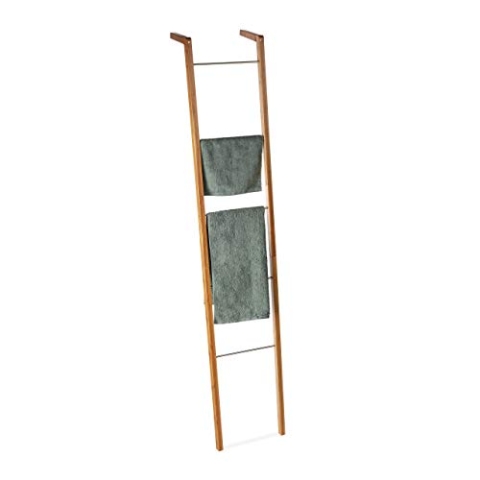 Relaxdays Leiterregal aus Bambus, Handtuchhalter, Dekoleiter mit 5 Sprossen, Regalleiter, HBT: 180 x 35 x 20 cm, Natur
