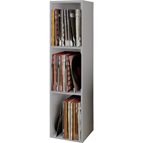 VCM Holz Schallplatten Regal | Stand Regal mit 3 Fächer für 100 Schallplatten | Maße: H. 107 x B. 34 x T. 30 cm - Platto Grau