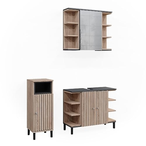 Vicco Badmöbel-Set Aquis, Badezimmerschrank-Set, Sonoma/Anthrazit, 3 Teile