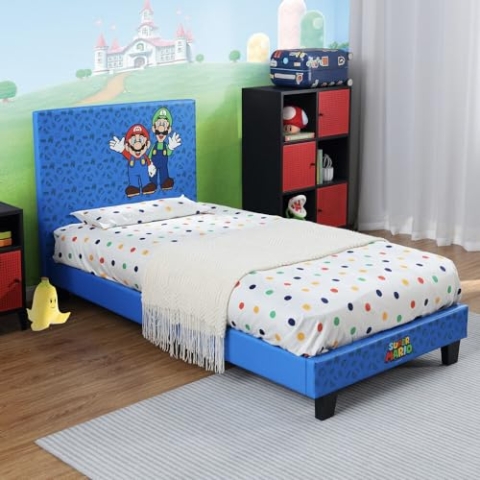X-Rocker Offizielles Nintendo Super Mario Gaming-Bett für Kinder, 90 cm Einzelbettgestell, Holzlatten, PU-Kunstleder, gepolstertes Kopfteil, Mario & Luigi, Kinderzimmer für Gamer, 90 x 190 cm, Blau
