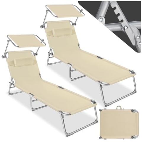 tectake 2er Set Sonnenliege - leicht und klappbar, leichte Liege für Camping und Garten, Perfekter Liegestuhl mit Dach, transportable und zusammenklappbar mit Griff