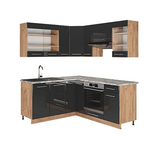 Vicco Eckküche Fame-Line, Anthrazit Hochglanz/Goldkraft Eiche, 160 x 190 cm ohne Arbeitsplatte