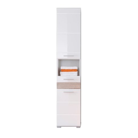 trendteam smart living - Hochschrank Schrank - Badezimmer - Mezzo - Aufbaumaß (BxHxT) 37 x 182 x 31 cm - Farbe Weiß Hochglanz mit Eiche Sägerau Hell - 128010341