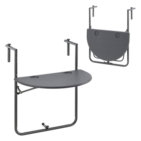 [en.casa] Balkonhängetisch Cicala 84x60x64 cm halbrund Hängetisch Balkontisch Klapptisch Rattan-Optik bis 15 kg höhenverstellbar Kunststoff Stahl Dunkelgrau