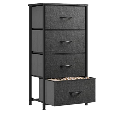 YITAHOME kommode Schmal, Schrank mit 4 Schubladen aus Stoff, Aufbewahrungskommode Industrial Stil für Schlafzimmer, Wohnzimmer,Flur, Schwarz Aufbewahrungsschrank