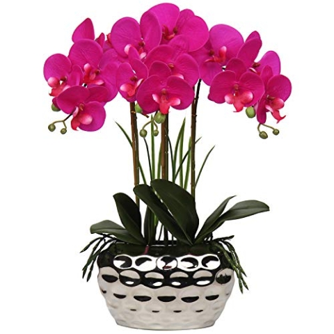 44CM Künstliche Orchideen Phalaenopsis Kunstblumen wie Echt Dekorative Orchidee Bonsai Kunstpflanze Arrangement im Keramiktopf für Tisch Wohnzimmer Wohnkultur Dekoration