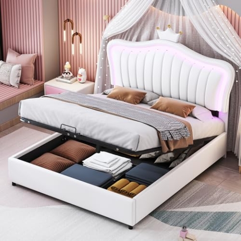 OKYION Kinderbett Polsterbett 140×200 cm mit LED-Licht, Jugendbett Doppelbett mit Verstellbares Kopfteil in Kronenform(Ohne Matratze), Boxspringbett Hydraulisches mit Bettkasten Stauraum, PU Weiß