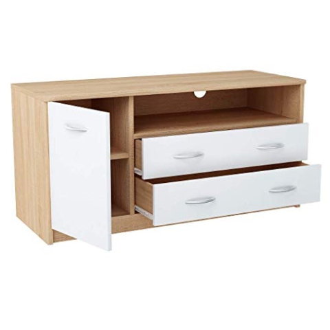 MATKAM Fernsehkommode 1D2S, H55xB110xT41cm, laminierte Möbelplatte 16 mm, EIN offenes Regalfach rechts, darunter 2 Schubladen, Links eine Ablage mit Tür, Metallscharniere (Sonoma Eiche – weiß)