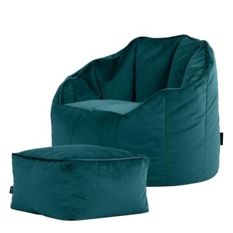 Icon Sirena Sitzsack Sessel mit Hocker für Erwachsene, Blaugrün, Flauschiger Samtstoff, Riesen Sitzsack Samt mit Füllung, Bean Bag Chair, Bequemer Sessel Wohnzimmer, Lounge, Schlafzimmer, Büro