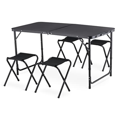 Campingtisch mit 4 stühlen, Verstellbare Höhe Tragbarer Klappbar Grilltisch 120 x 60 cm mit Tragegriff, Aluminium Klapptisch mit 4 Klappbaren Hockern für Camping, Picknick, Grillen, Garten (Schwarz)