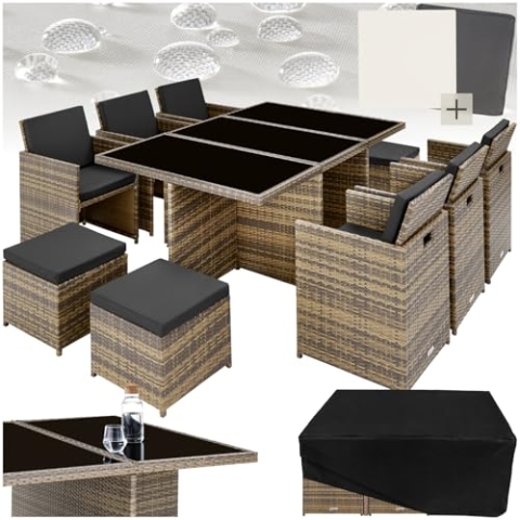 tectake Polyrattan Gartenmöbel Set, Sitzgruppe mit 6 Stühle +1 Glasplatte Tisch + 4 Hocker, Gartenlounge Set klappbar, für bis zu 10 Personen, Balkon Möbel, inkl. 2 Bezugsset - Natur