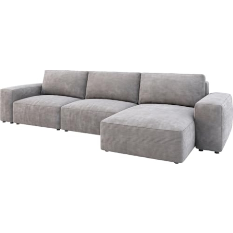 DELIFE Eckcouch Lanzo L Cord Silbergrau 360x160 cm Recamiere variabel