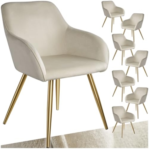 tectake® Esszimmerstühle mit Armlehne, Stuhl, Samt Polster Stühle, Möbel für Esstisch, Schminktisch, Wohnzimmer, Esszimmer, Arbeitszimmer, ergonomischer Dining Chair - créme/Gold, 8er Set