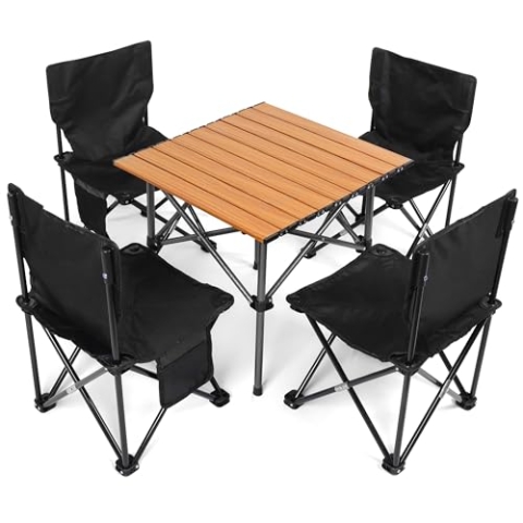 BELLE VOUS (5-teiliges Schwarzes Klapptisch Camping Stuhl Set - Campingstuhl Faltbar & Tragbar für den Außen-/Innenbereich - Ideal für Picknick, Grillen, Gartenpartys & Reisen