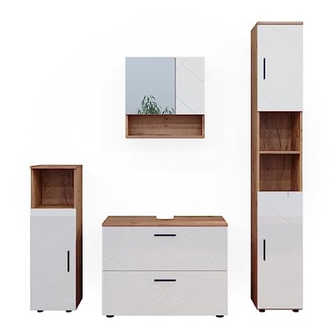 Vicco Badmöbel-Set Irma, Eiche/Weiß Hochglanz, 4 Teile, mit Schubladenschrank und Hochschrank