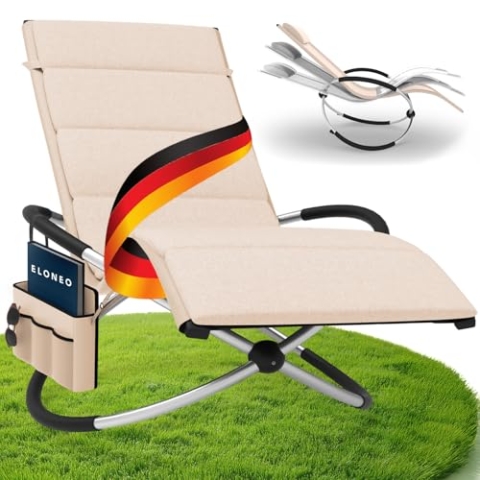 ELONEO Schaukelliege Outdoor mit Tasche und Auflage, Relaxliege bis 180 kg Belastbarkeit, Schaukelsessel Outdoor, Liegestuhl wetterfest, Sonnenliege für Garten und Balkon, Creme/Creme