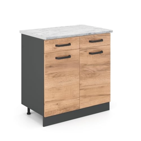Vicco Küchenunterschrank R-Line, Schubladenschrank für die Küche, Goldkraft Eiche, 80 cm AP Marmor