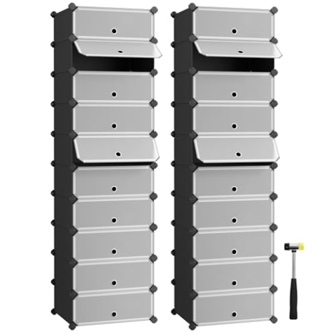 SONGMICS Schuhregal mit 10 Ebenen, 2er Set, Steckregal, Regalsystem, Schuh-Organizer, DIY-Regal, mit Tür, aus PP-Kunststoff, schwarz LPC010B02