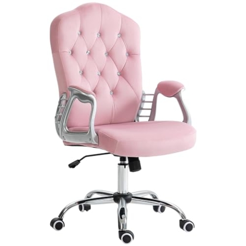 HOMCOM Bürostuhl, Ergonomisch Schreibtischstuhl mit Wippfunktion, Drehfunktion, Höhenverstellbar Computerstuhl mit funkelnden Kristallknöpfen, Samtoptik, für Home Office, Rosa