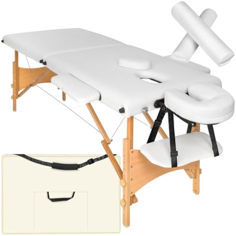 tectake® Mobile Massageliege 2 Zonen, klappbar, höhenverstellbar, mit Lagerungsrollen, belastbar bis 250kg, Physiotherapie Zubehör, Massagetisch für Kosmetik, Wellness oder Tattoo - weiß