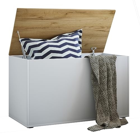 VCM Holztruhe | Maße ca. H. 49 x B. 82 x T. 44 cm |Kiste für flexiblen Einsatz in Allen Wohnräumen | Aufbewahrungsbox | Kiste - Bendola Weiß/Honig-Eiche