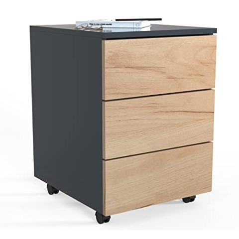 VCM Rollcontainer | Beistellcontainer mit Schubladen |Maße ca. H. 55 x B. 39 x T. 45/70 cm | Bürocontainer - Dalosa 3 Schubladen 45, Anthrazit/Honig-Eiche
