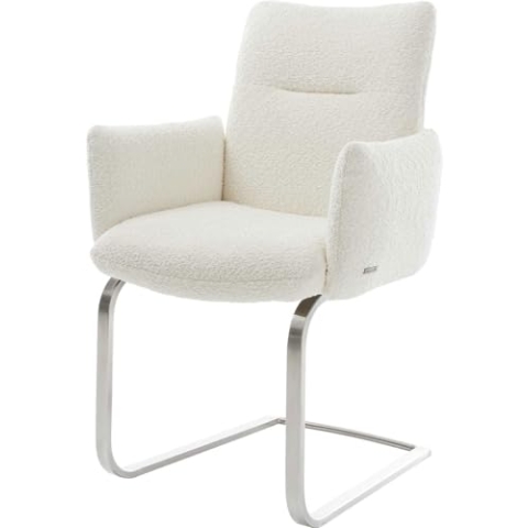 DELIFE Schwingstuhl Jova-Flex mit Armlehnen Freischwinger flach Edelstahl Bouclé Weiß Taschenfederkern