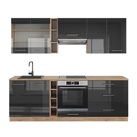 Vicco Küchenzeile Fame-Line, Anthrazit Hochglanz/Goldkraft Eiche, 235 cm ohne Arbeitsplatte