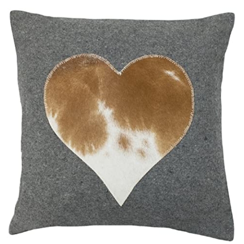 Mars & More - Kissen, Zierkissen, Dekokissen, Fellkissen - Echtes Kuhfell - Herz - Grau Braun - 45 x 45 cm