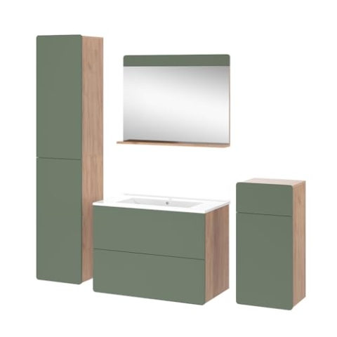 Vicco Badmöbel-Set Izan, Goldkraft Eiche/Grün, 5 Teile mit Hoch- und Midischrank