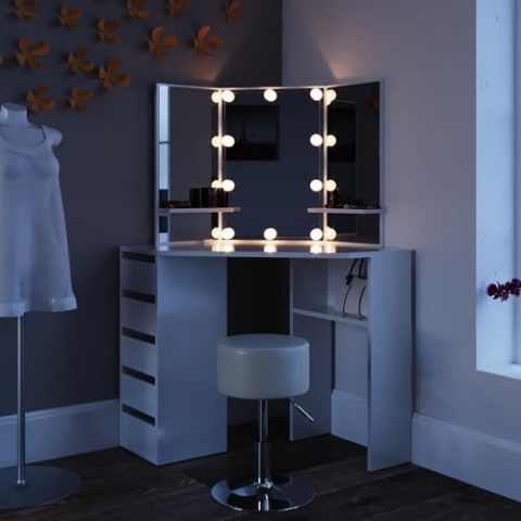 Vicco Frisiertisch für die Ecke Arielle, Weiß, 110 cm mit LED Beleuchtung und Hocker