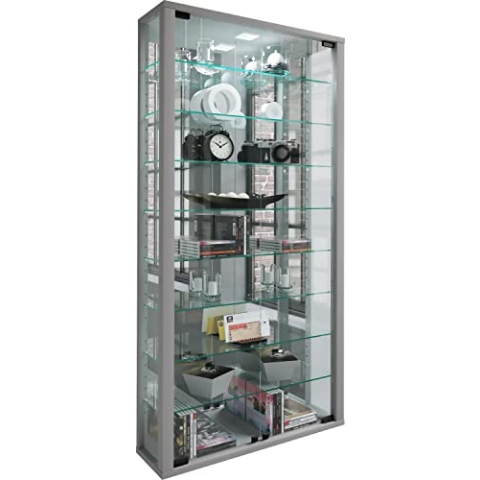 VCM Glasvitrine hängend | Vitrine Glas mit ESG-Sicherheitsglas | Maße ca. H. 115 xx B. 59 x T. 18 cm| Hängevitrine Glas | Modern und platzsparend | Glas Vitrinenschrank - Vitrosa Maxi Spiegel Silber