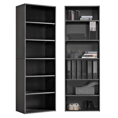 mokebo® Bücherregal Schwarz, Grau BZW. Anthrazit aus Holz 'Der Bücherwurm', Schuhregal, Holzregal, Aktenregal, Standregal fürs Wohnzimmer, Büro, Kinderzimmer, Regal groß für die Wand, 60cm Breite