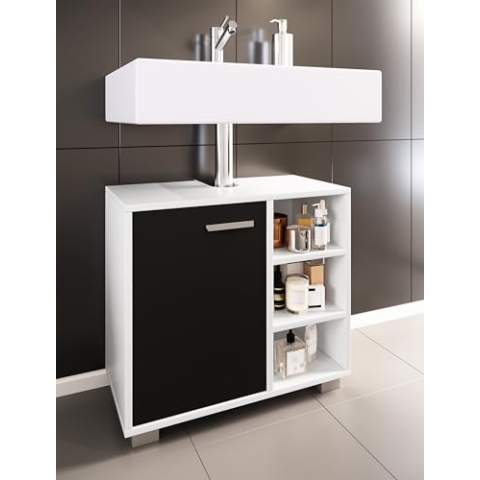 VCM Holz Waschbeckenunterschrank | Badschrank | Maße: H. 58 x B. 60 x T. 30 cm | 1 Drehtür | 3 kleine offene Regalfächer - Zalo L Weiß/Schwarz