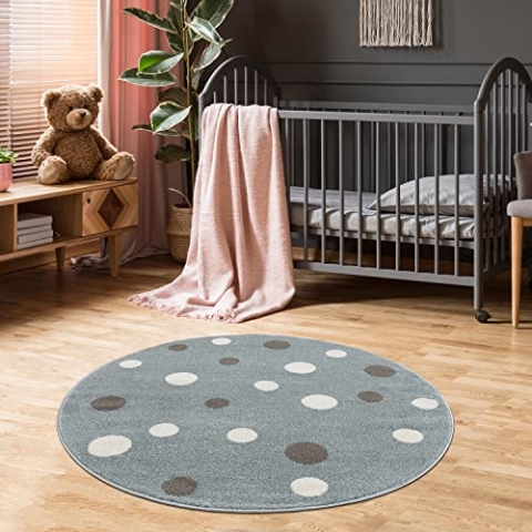 Jimri Kinderteppich DOTS l Pünktchen Gepunktet l Öko-Tex Siegel | Farbe: Beige Blau Rosa | Kinderzimmer/Jugendzimmer (Mint, Ø 150 cm Rund)