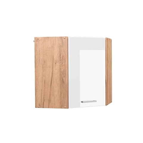 Vicco Eckhängeschrank R-Line, Küchen-Eckschrank, Weiß Hochglanz/Goldkraft Eiche, 57 cm