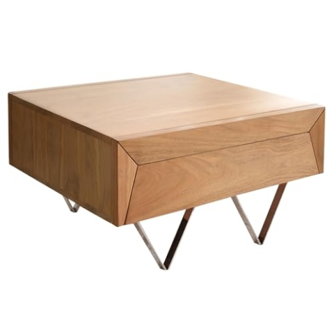 DELIFE Wohnzimmertisch Kayu Akazie Natur 60x60 cm 2 Schübe V-Fuß Edelstahl Couchtisch
