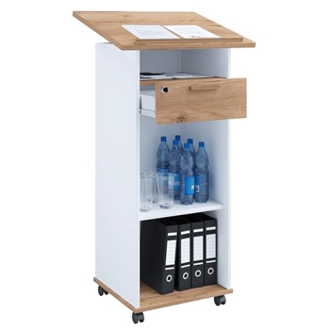 VCM Holz mobiles Rednerpult | Maße ca. H. 108 bis 120 cm x B. 60 cm x T. 50 cm | rollbar mit Schublade | Stehtisch - Melta Weiß/Honig-Eiche