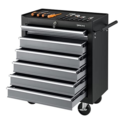 pro.tec Werkstattwagen mit 7 Schubladen abschließbar mit Feststellbremsen leer Werkstatteinrichtung Werkzeugwagen Werkzeugschrank Stahl Schwarz