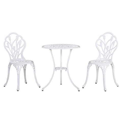 Outsunny Bistro-Set 3-teilig aus Aluminium Gartenmöbel Set mit geschnitztem Design Sitzgruppe mit Gartenstühlen Bistrotisch Schirmloch Outdoor Balkonmöbel Set Balkonset Gartengarnitur Weiß
