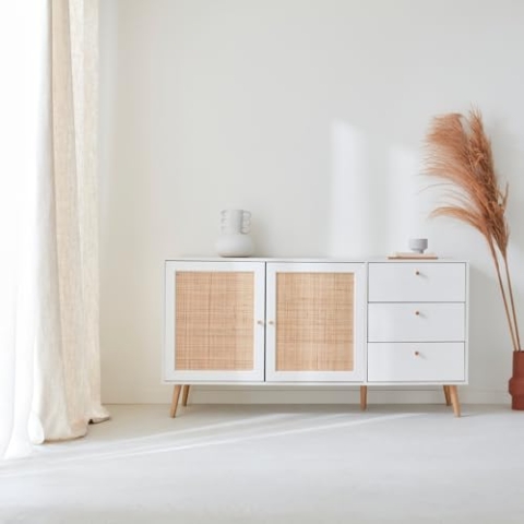 Alice's Home Sideboard Weiß, Holzeffekt mit Rattengeflecht 2 Türen 3 Schubladen L150 x B39 x H79cm - Bohème