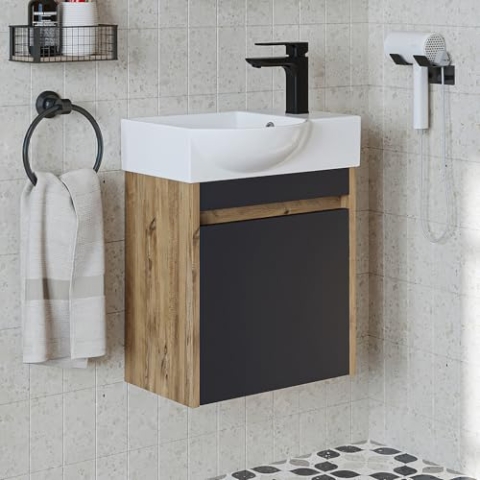 ROOMART Badmöbelset • Leo • Unterschrank mit Waschbecken • Badezimmer Möbel • Gäste WC (Antrazit Eiche, Unterschrank mit Waschbecken(Wasserhahn rechts))