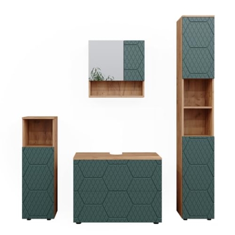 Vicco Badmöbel-Set Irma, Goldkraft Eiche/Grün, 4 Teile, mit Schubladenschrank und Hochschrank