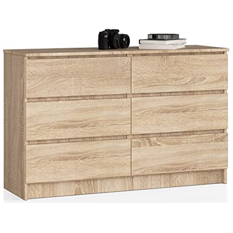 AKORD Kommode K-120 mit 6 (2 x 3) Schubladen | für das Wohnzimmer Schlafzimmer Schrank Büro Arbeitszimmer | Modernes Funktionales Design | B120 x H77 x T40 cm, Gewicht 43kg | Sonoma Eiche